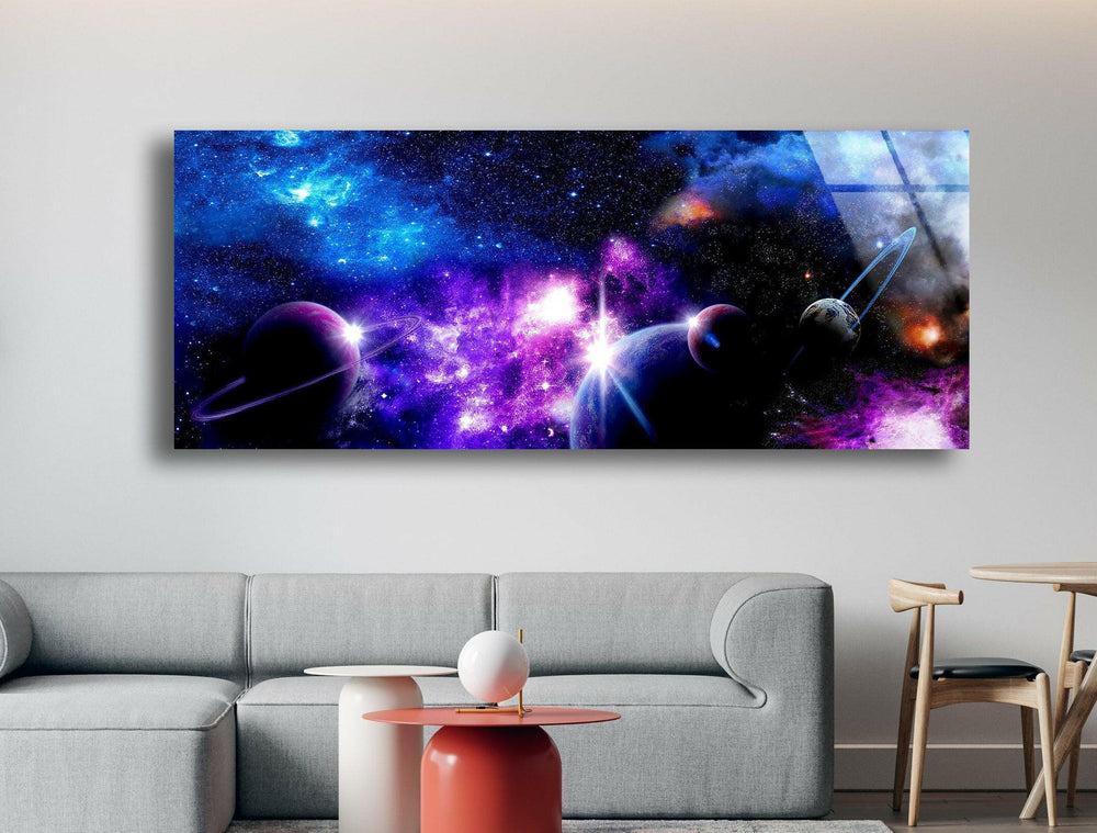 Purple Galaxy With Planets Glass Wall Art, art glass wall art, glass wall art pictures