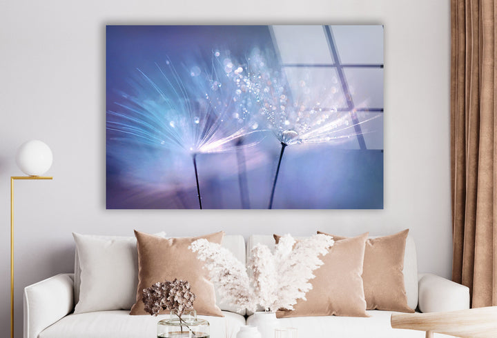 Dandelion Blue Sparkling Drops Glass Wall Art, Glass Printing Wall Art, Print photos on glass