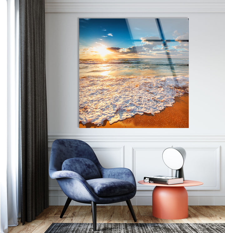 Beach Wave & Sunrise Glass Wall Art photo print on glass, prints on glass wall art