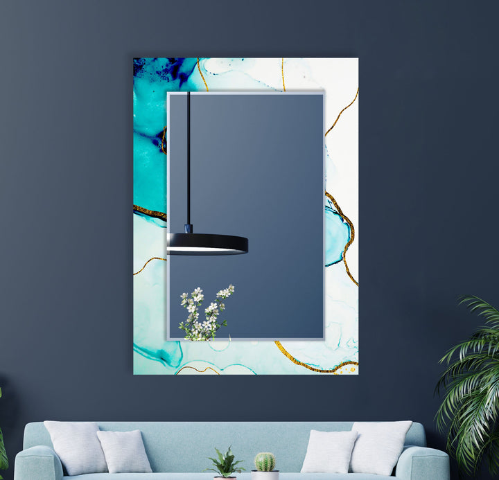 White and Turquoise Golden Details Wall Mirror Rectangle Wall Mirror
