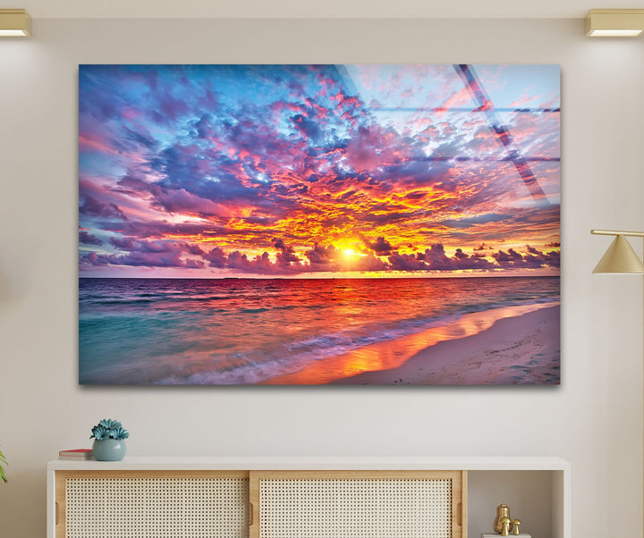 Colorful Sunset Over Ocean Glass Wall Art