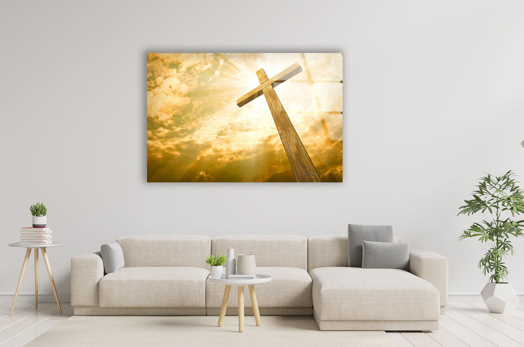 Yellow Christian Jesus Cross Print on Glass Art Pieces