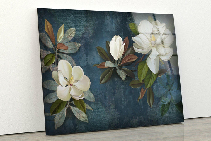 Painted White Magnolia Glass Wall Art, glass image printing, glass prints from photos