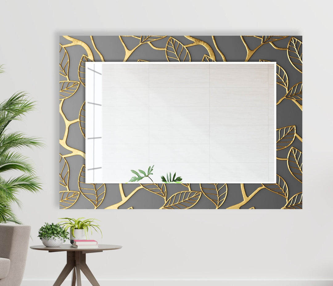 Abstract Grey Golden Leaves Wall Mirror Long Mirror
