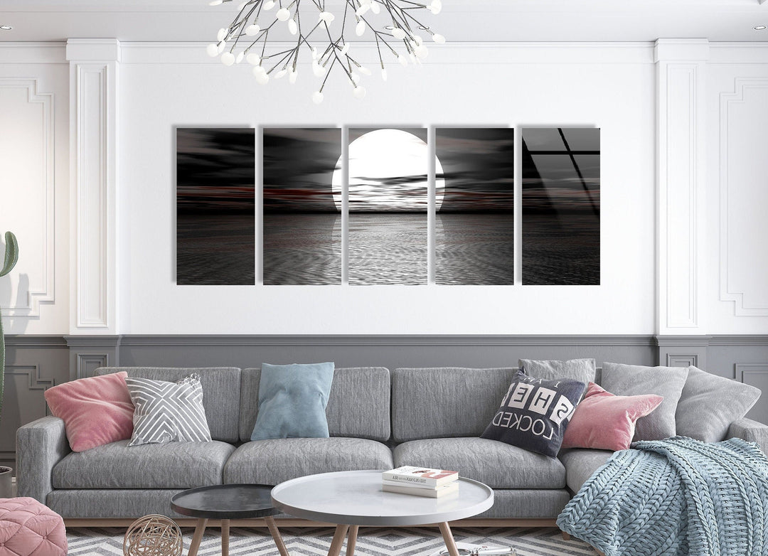 Black & White Full Moon Sea Landscape Glass Wall Art, glass image printing, glass prints from photos