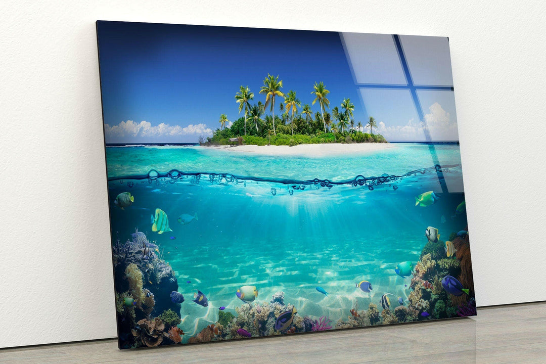 Tropical Island & Fishes Glass Wall Art