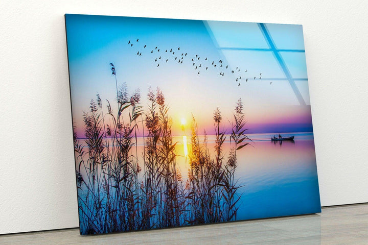 Colorful Sunset On Lake Glass Wall Art custom glass pictures, glass art prints