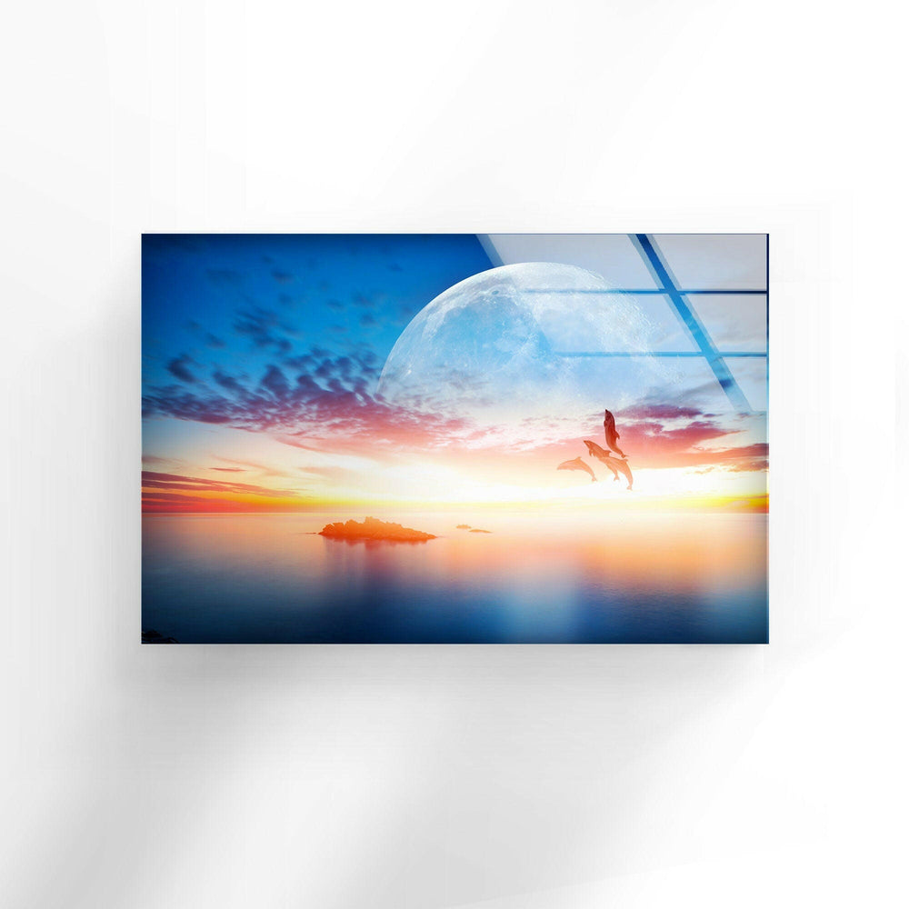 Sunset With Dolphins & Moon Glass Wall Art glass image printing, glass prints from photos