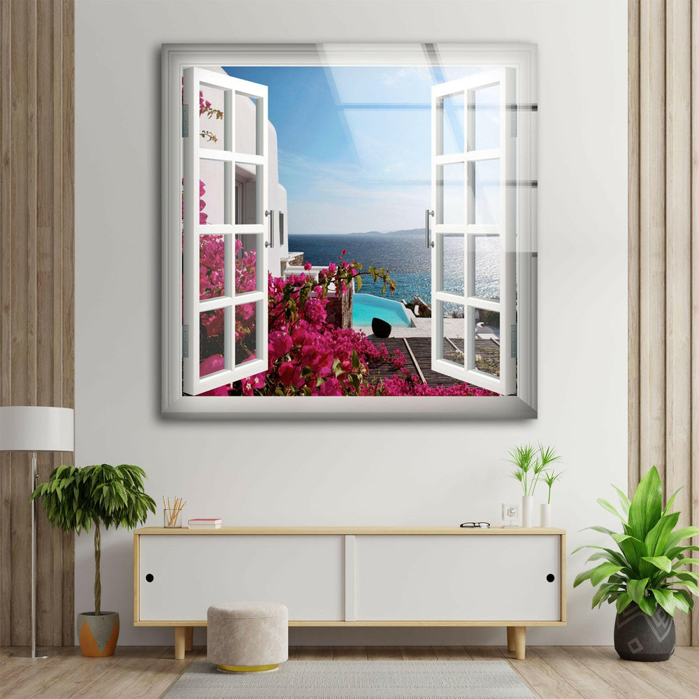 Fake Window Santorini Island Glass Wall Art glass image printing, glass prints from photos