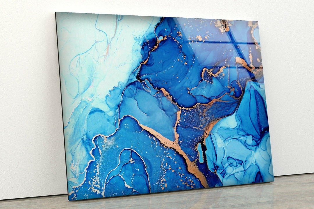 Blue and Gold Abstract Tempered Glass Wall Art -Modern Abstract Paintings on Glass