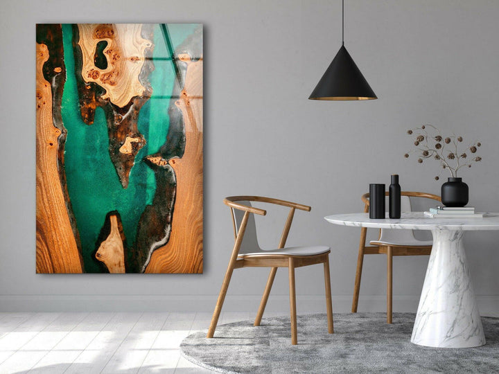 Wooden Green Epoxy Abstract Glass Wall Art