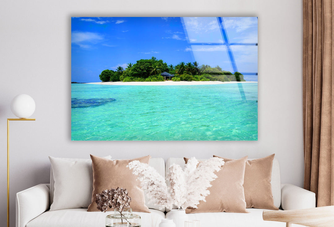 Sandy Island in The Ocean Glass Wall Art photo print on glass, prints on glass wall art