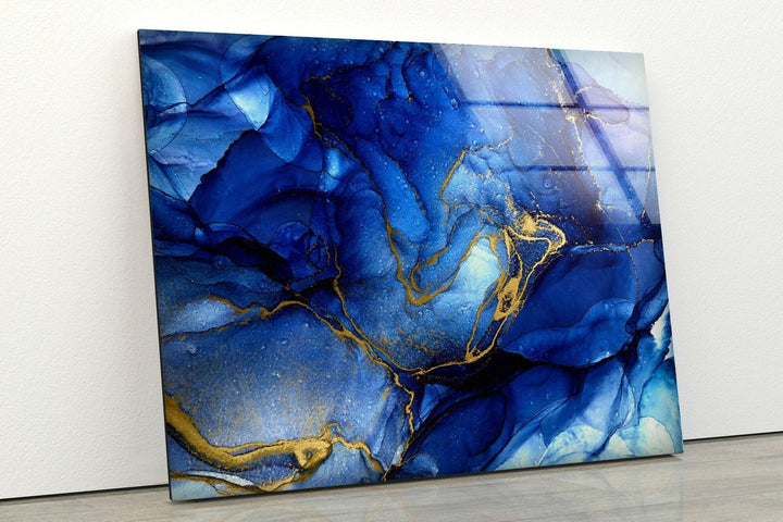 Gold & Blue Alcohol Ink Abstract Glass Wall Art glass art painting, glass art for the Wall