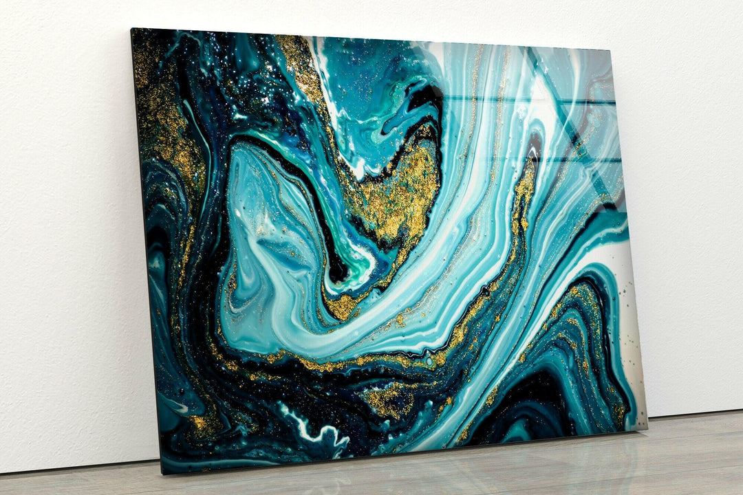 Gold ink on Blue Marble Abstract glass wall art