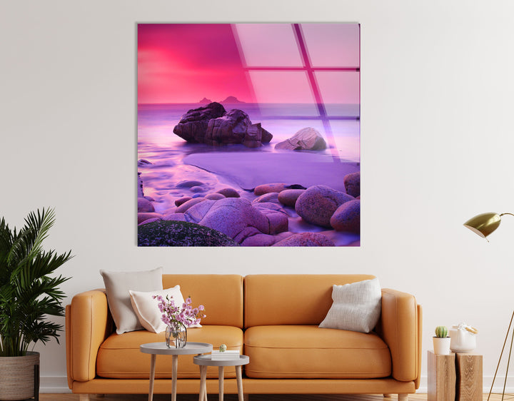 Pink Haze And Stones Glass Wall Art picture on glass wall art, photos printed on glass