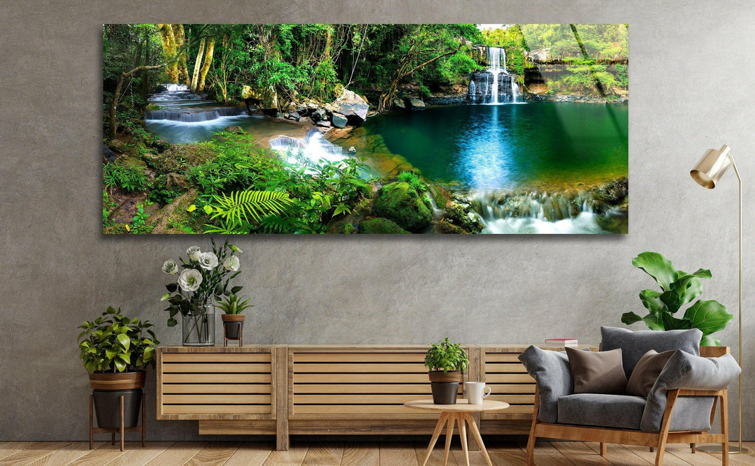 Waterfall Landscape Glass Wall Art, large glass photo prints, glass wall photos