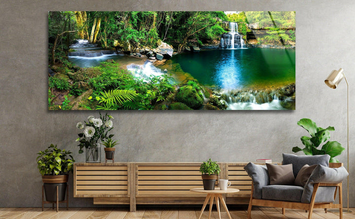 Waterfall Landscape Glass Wall Art, large glass photo prints, glass wall photos