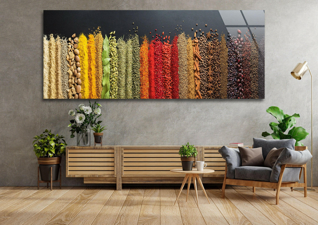 Colorful Spices & Legumes Glass Wall Art, glass wall decor, glass wall art decor