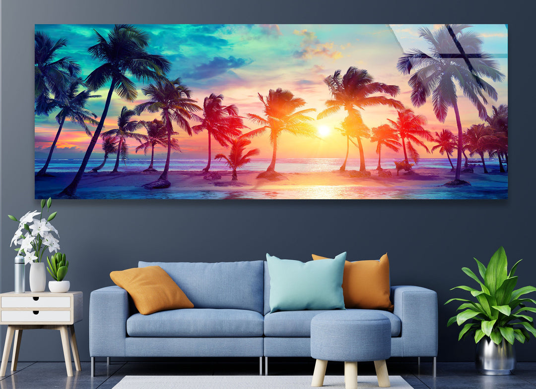 Tropical Palm Trees & Sunset Glass Wall Art, custom glass photo prints, large glass prints