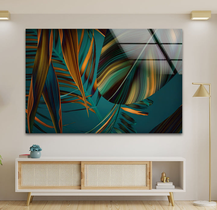 Green Abstract Palm Leaf Glass Printing Wall Arts