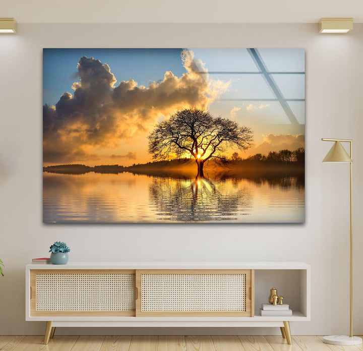 Lonely Tree At Sunset Glass Wall Art print picture on glass, Tempered Glass Wall Art