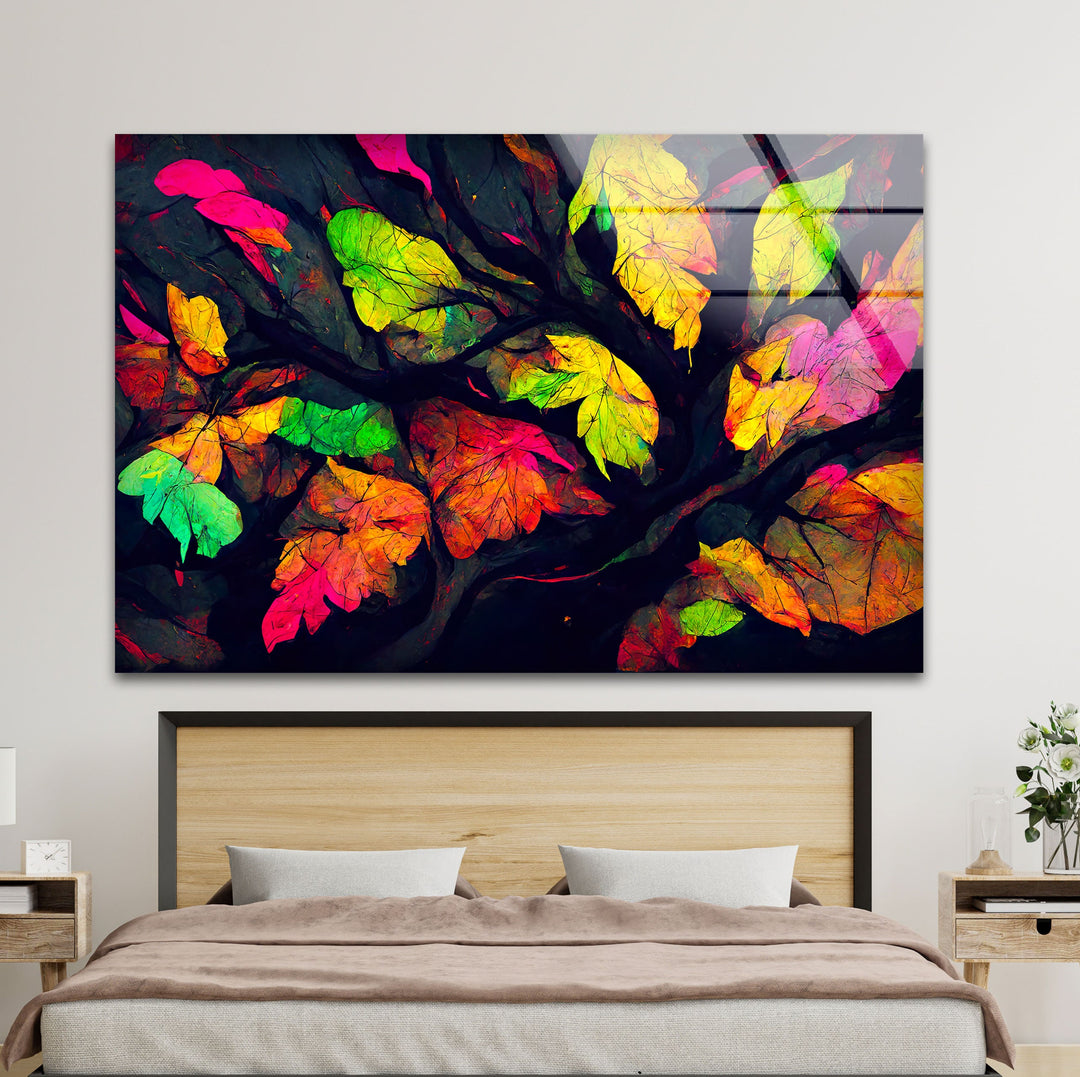 Colored Leaves Painting Glass Wall Art picture on glass wall art, photos printed on glass