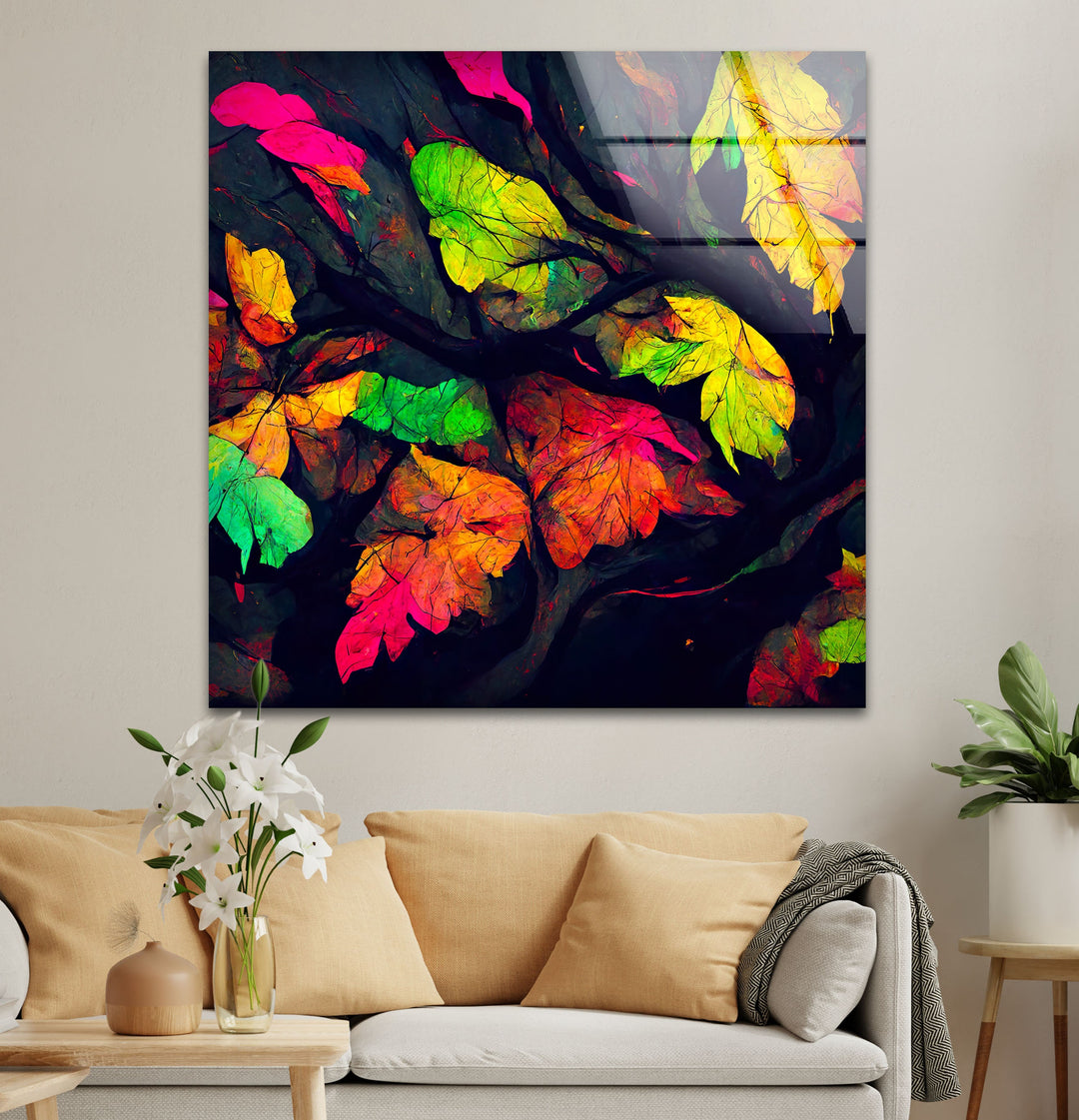 Colored Leaves Painting Glass Wall Art custom glass photo prints, large glass prints