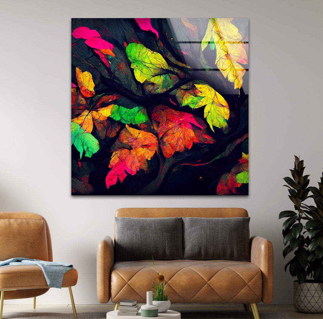 Colored Leaves Painting Glass Wall Art print picture on glass, Tempered Glass Wall Art