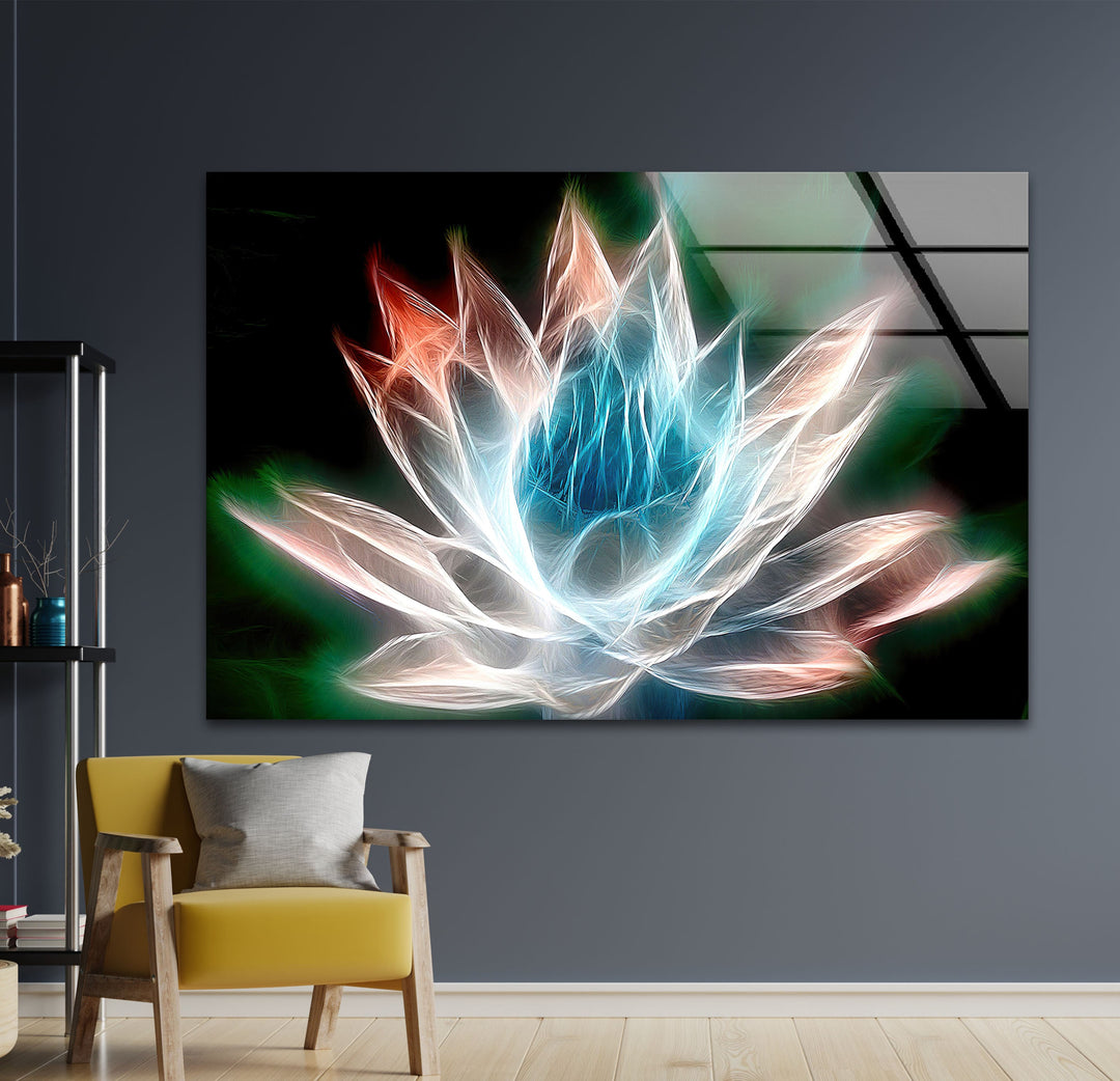 Glowing Lotus Illustration Glass Wall Art, photo print on glass, prints on glass wall art