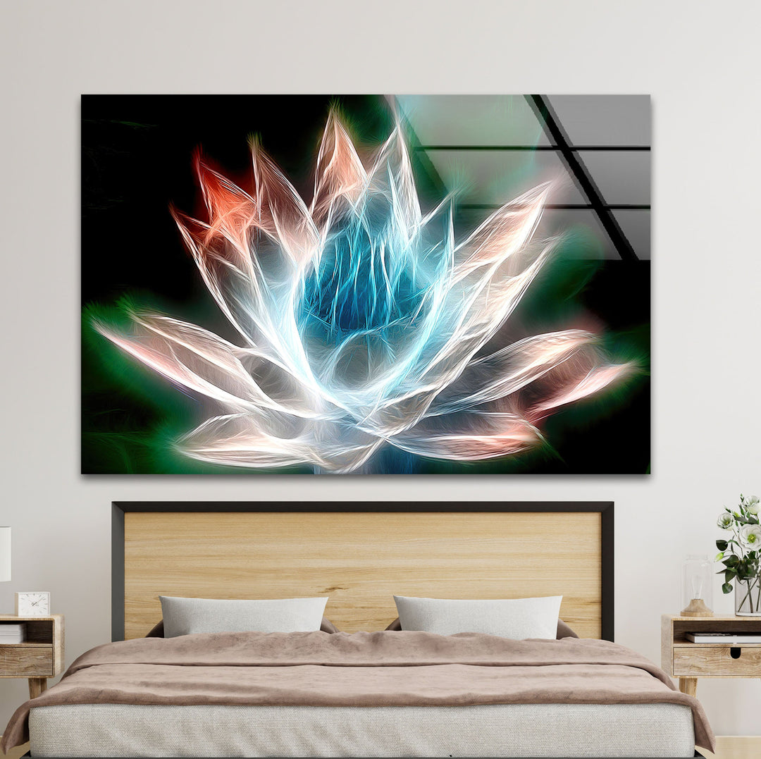 Glowing Lotus Illustration Glass Wall Art, glass photo prints, glass picture prints