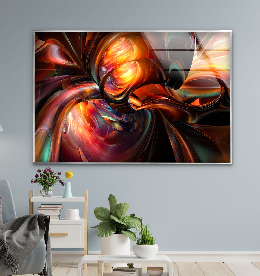 Orange Fractal Glass Wall Art for living room