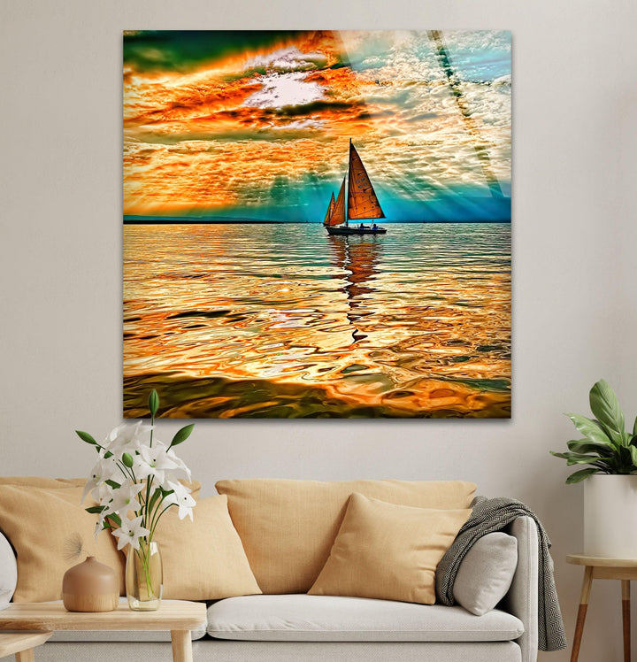 Sailboat Red Sea Sun Glass Wall Art