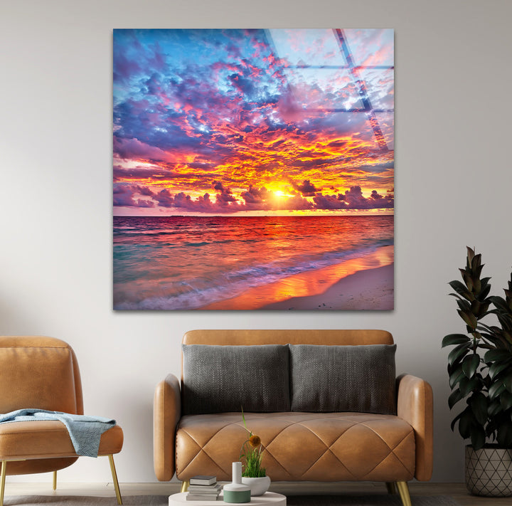 Colorful Sunset Over Ocean Glass Wall Art