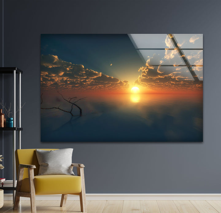 Sunset Over Calm Water Glass Wall Art glass art painting, glass art for the Wall