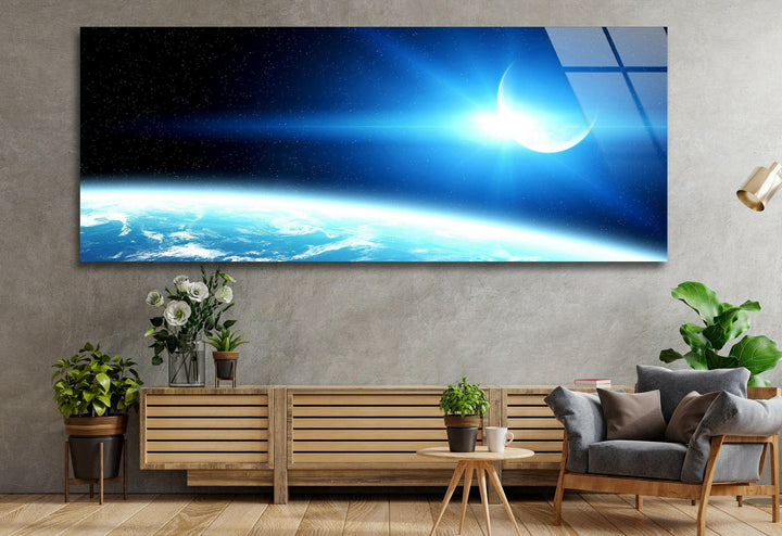 Blue Earth&Moon Sunrise Glass Wall Art, Glass Printing Wall Art, Print photos on glass