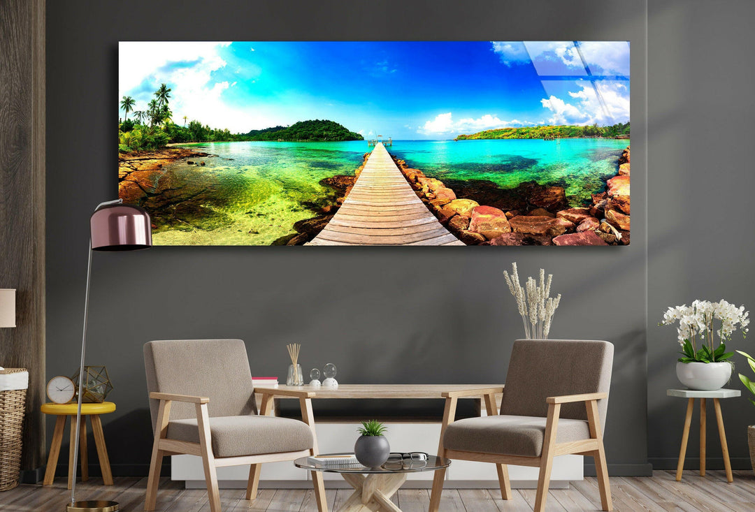 Tropical Beach With Wooden Dock Glass Wall Art, Glass Printing Wall Art, Print photos on glass