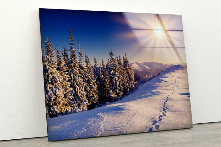 Snowy Forest Sunset Glass Wall Art glass image printing, glass prints from photos