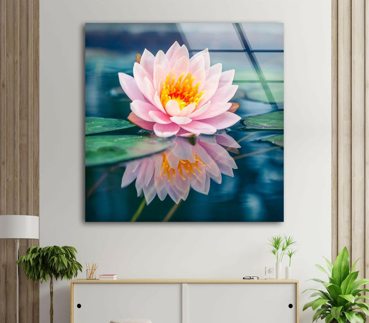 Pink Lotus Flower Glass Wall Art, photo print on glass, prints on glass wall art