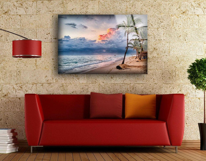 Tropical Beach With Palm Tree Glass Wall Art