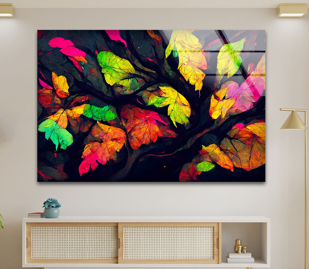 Colored Leaves Painting Glass Wall Art print on glass, glass printed photos