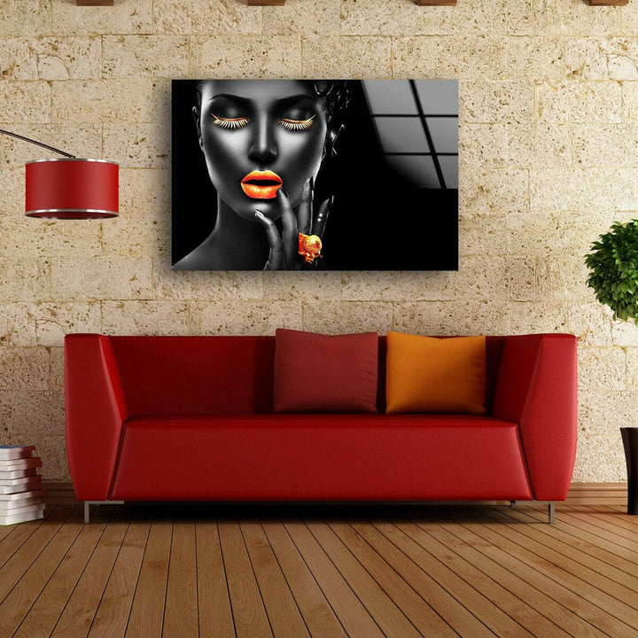 Gold Lips Woman Portrait Tempered Glass Wall Art - MyPhotoStation