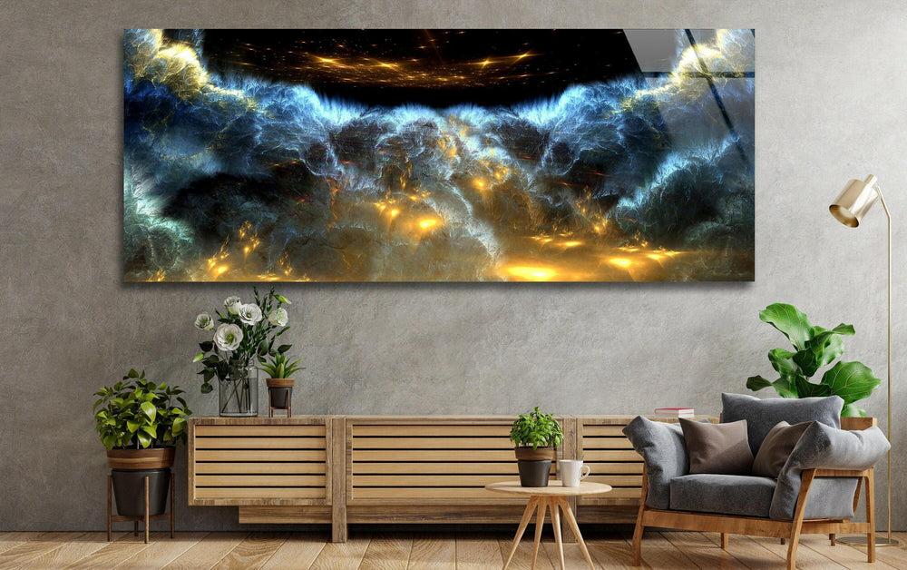 Blue & Black Cloud Abstract Glass Wall Art, picture on glass wall art, photos printed on glass