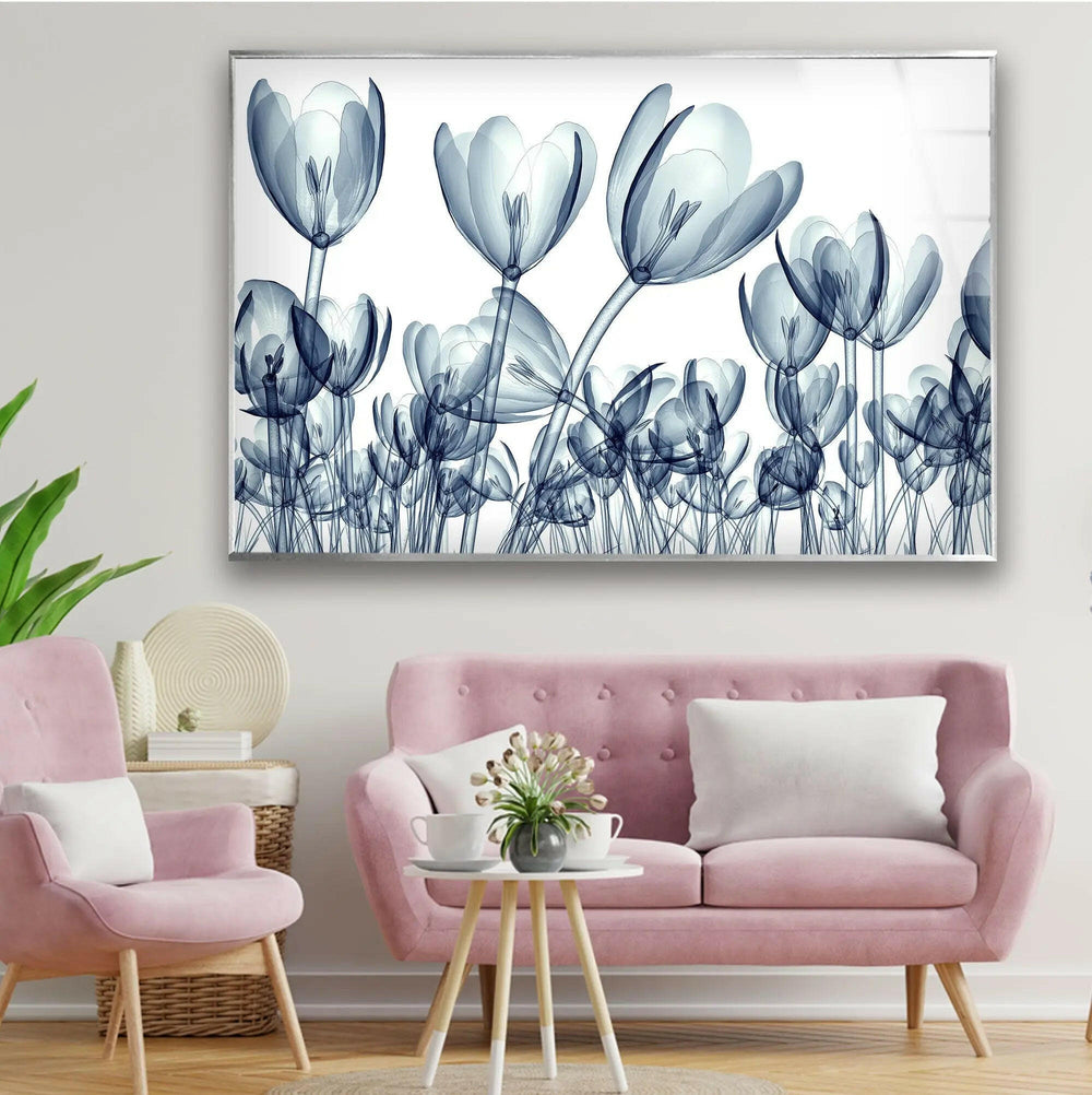 Xray Blue Tulip Flowers Glass Wall Art, glass wall decor, glass wall art decor