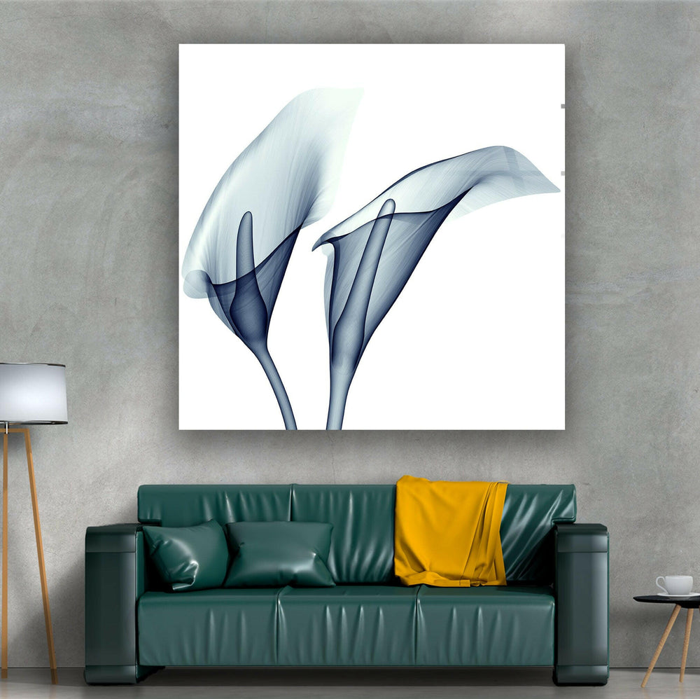 Blue Calla Lilies Glass Wall Art, picture on glass wall art, photos printed on glass