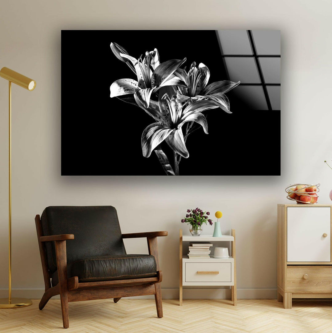 Black Xray Lily Flower Glass Wall Art, large glass photo prints, glass wall photos
