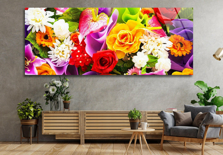 Colorful Flower Posy Glass Wall Art, picture on glass wall art, photos printed on glass