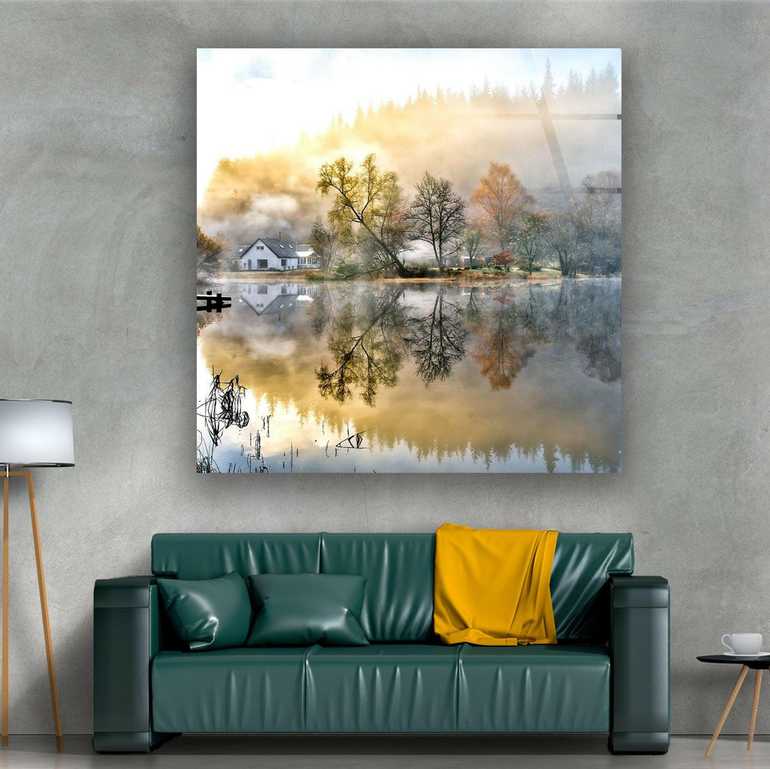 Lake & House Landscape Glass Wall Art glass pictures for Wall, glass prints wall art