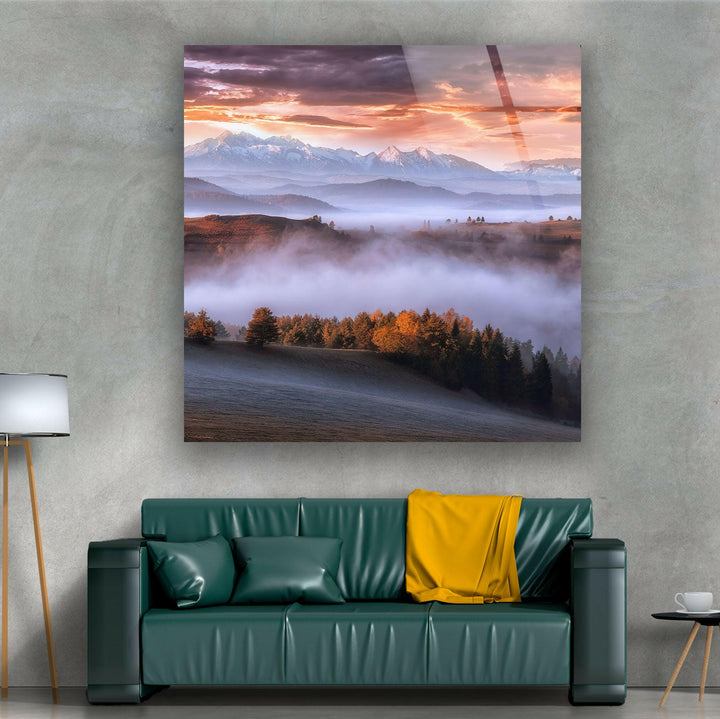 Foggy Mountains Glass Wall Art print picture on glass, Tempered Glass Wall Art