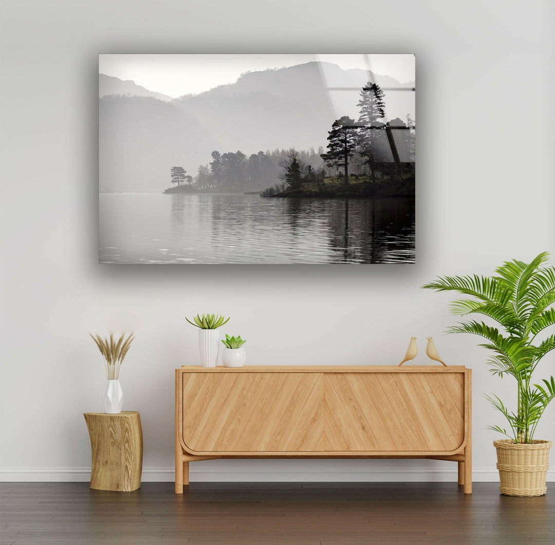 Foggy Trees & Lake Glass Wall Art print on glass, glass printed photos