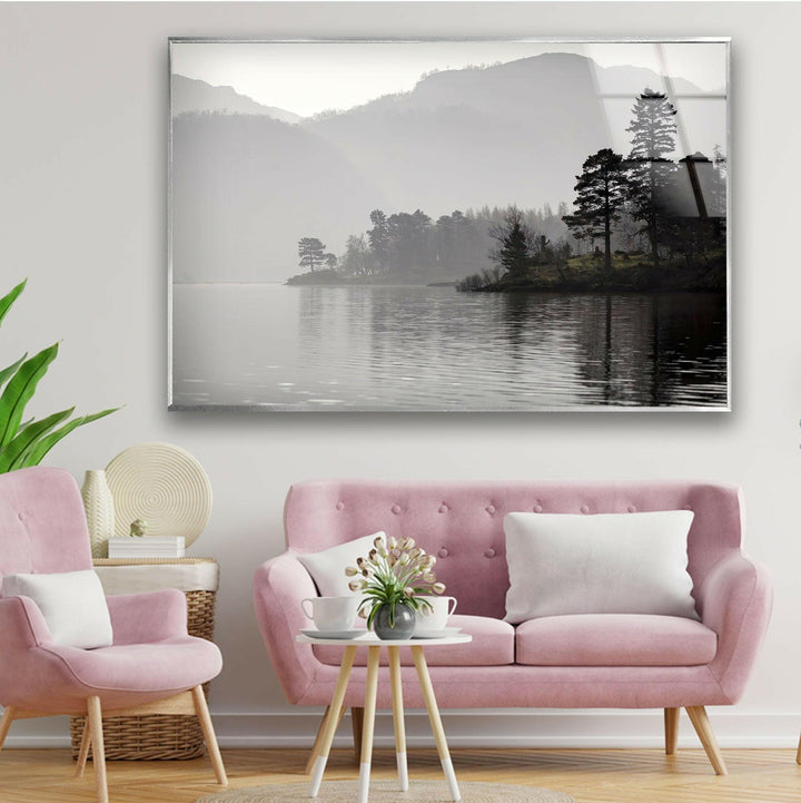 Foggy Trees & Lake Glass Wall Art photo print on glass, prints on glass wall art